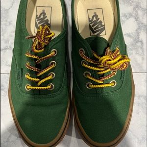 Green gum authentic vans , yellow lace and brown soles .
